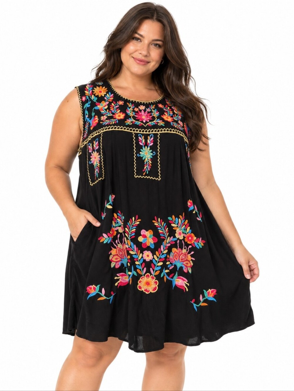 Savanna Jane Tunic Dress 1X Black Floral Embroidered Rayon Boho Plus Size